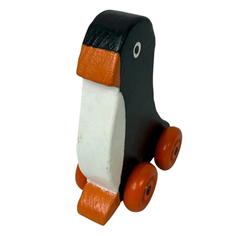 Vintage Wooden Penguin Rolling Push Toy Animal Toy Orange Wheels 4in Montessori‎